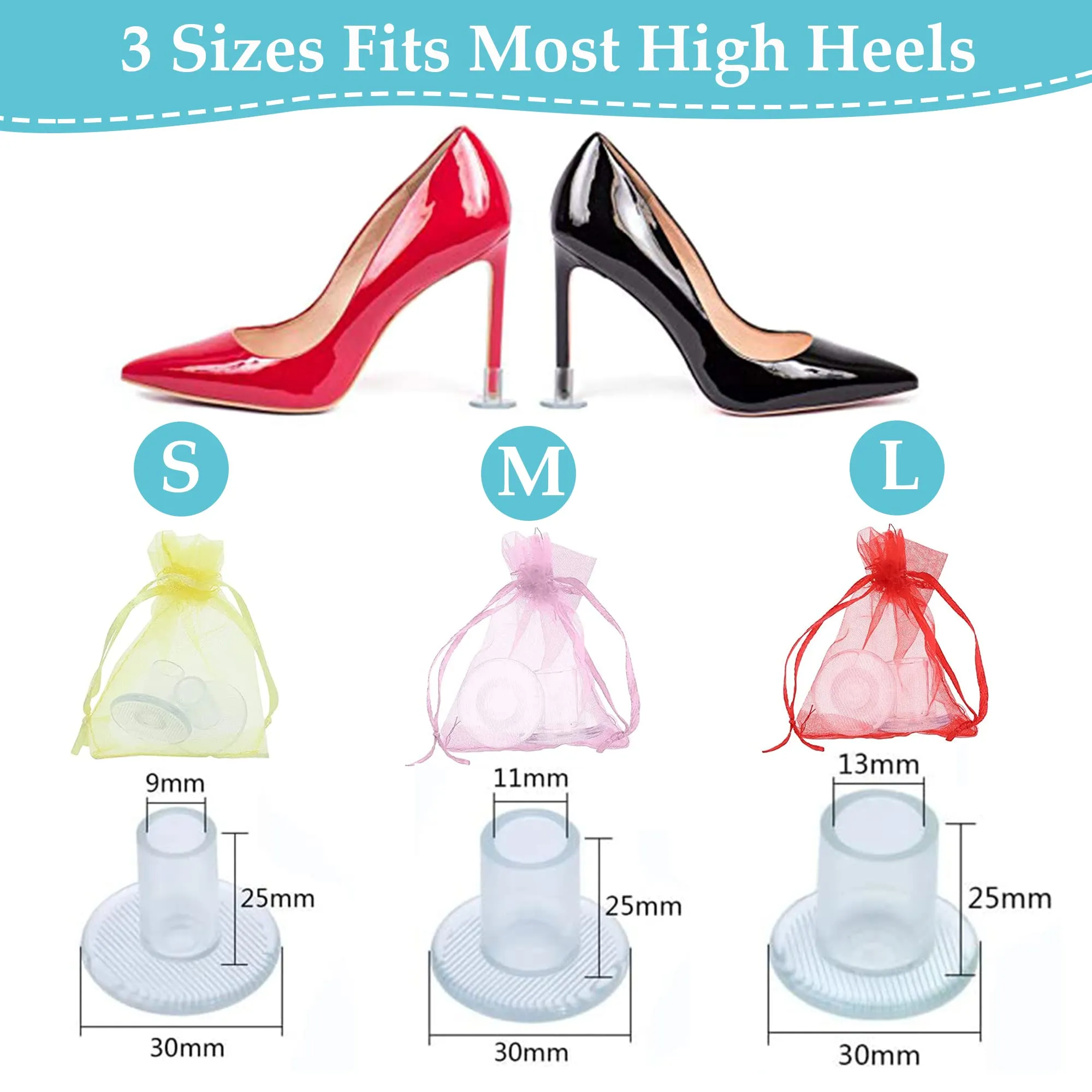 6 Pairs High Heel Protectors, Non-Slip Stiletto Heel Protectors for Shoes, Transparent Heel Stoppers for Grass Wedding Outdoor Garden, Small/Medium/Large