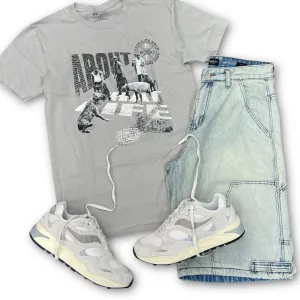 About That Life" Tee Grey, Waimea Baggy Short Vintage, And Saucony Grid Shadow White Cream Outfit combo