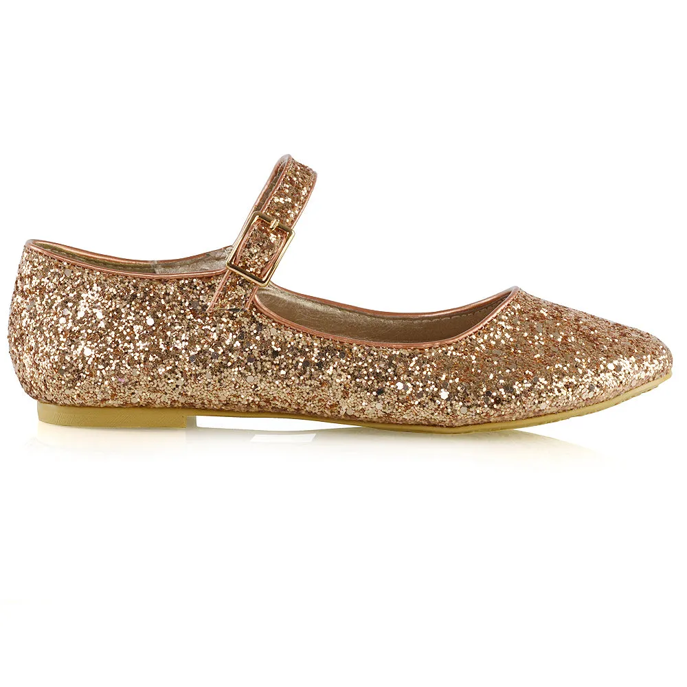 Amanda Buckle Up Strappy Ballerina Pump Flat Bridal Shoes In Gold Glitter
