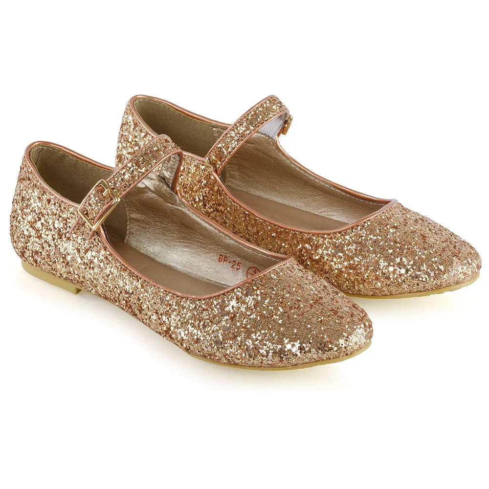 Amanda Buckle Up Strappy Ballerina Pump Flat Bridal Shoes In Gold Glitter