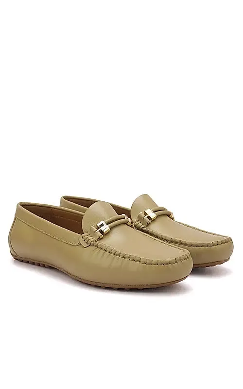 Beige Plain Leather Moccasins
