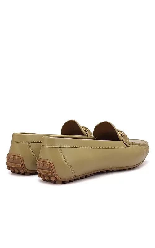 Beige Plain Leather Moccasins