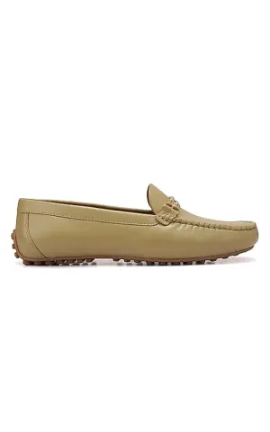 Beige Plain Leather Moccasins