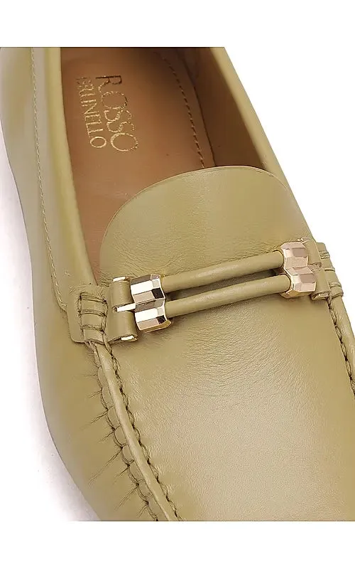 Beige Plain Leather Moccasins