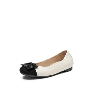 Beige Square Buckle Leather Ballerina Flats
