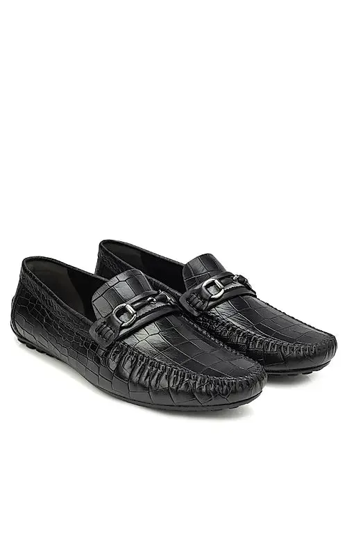 Black Croco Textured Moccasins
