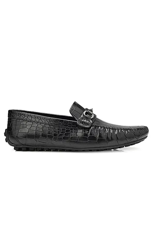 Black Croco Textured Moccasins