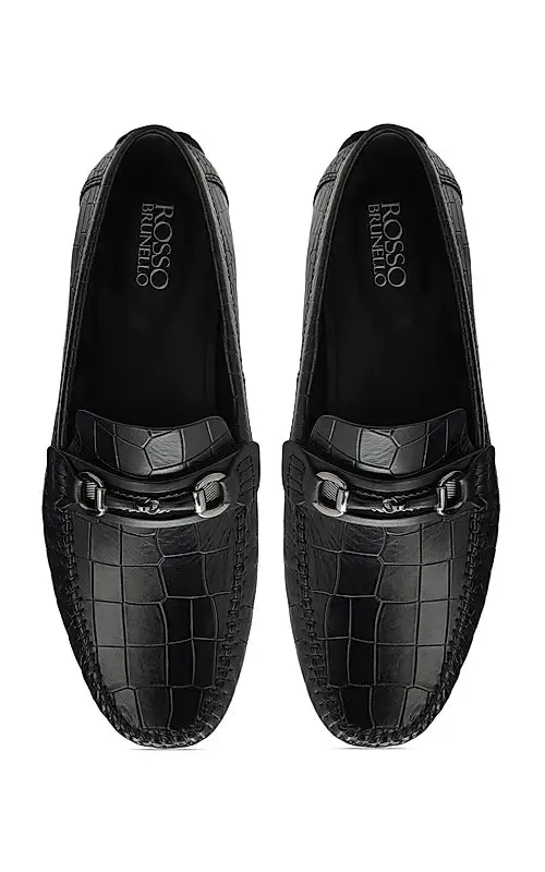 Black Croco Textured Moccasins