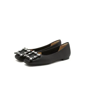 Black Crystal Buckle Leather Flats