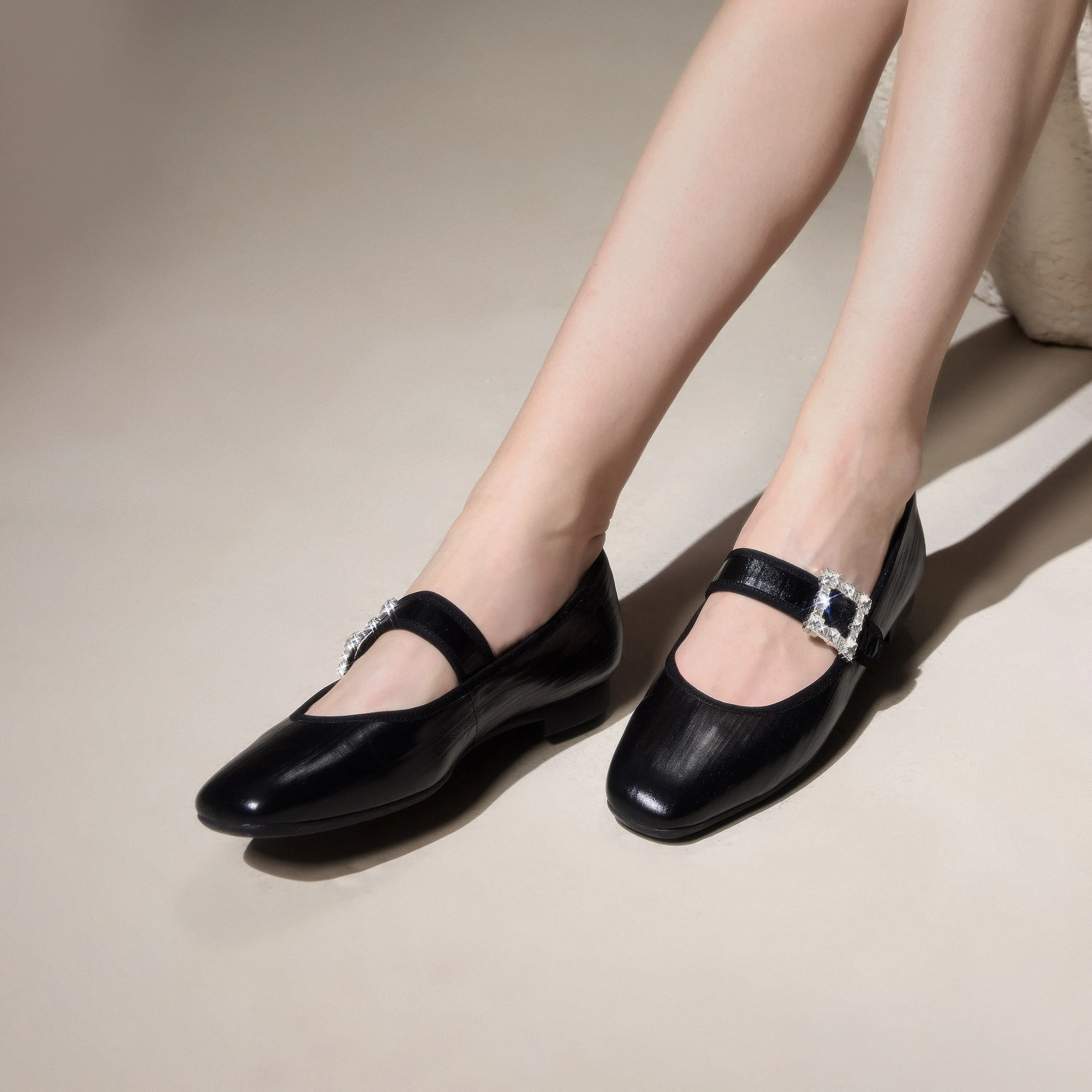 Black Crystal buckle Mary Jane Flats
