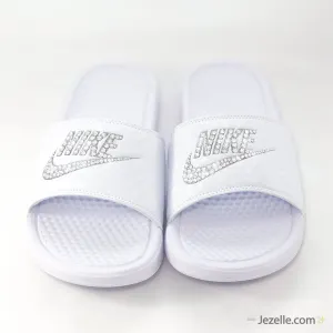 Blinged Out Nike Benassi Slides (White/White)