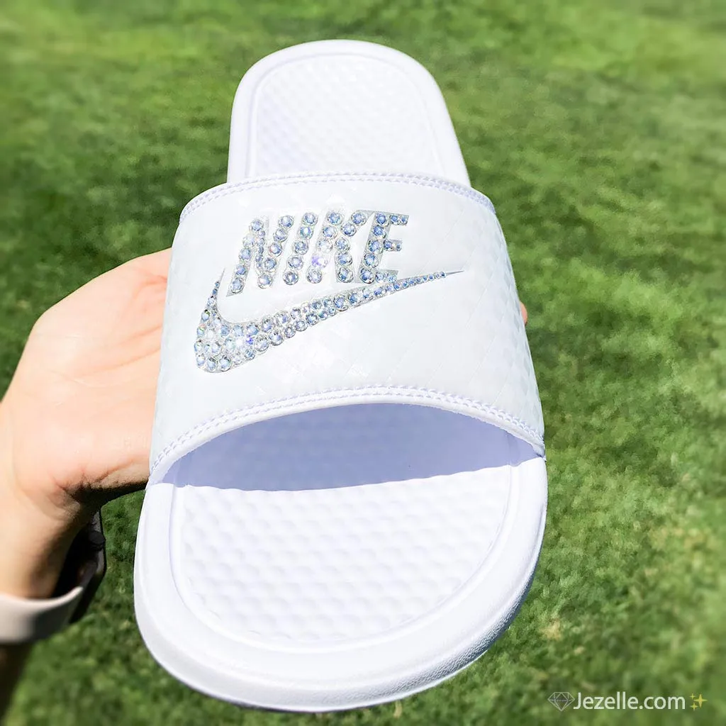 Blinged Out Nike Benassi Slides (White/White)