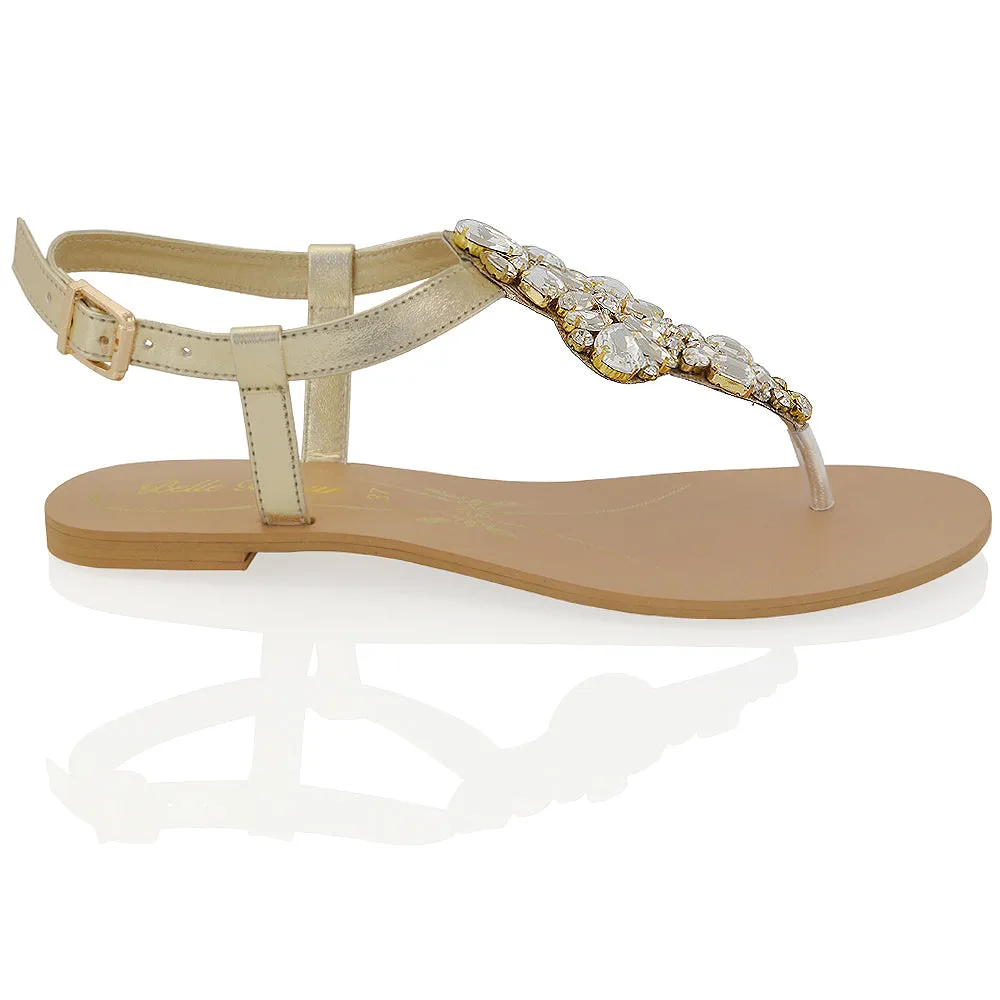 Coraline Ladies Toe Post T Bar Rhinestone Sparkly Diamante Flat Sandals in Gold