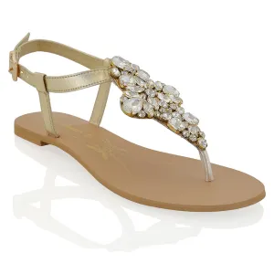 Coraline Ladies Toe Post T Bar Rhinestone Sparkly Diamante Flat Sandals in Gold