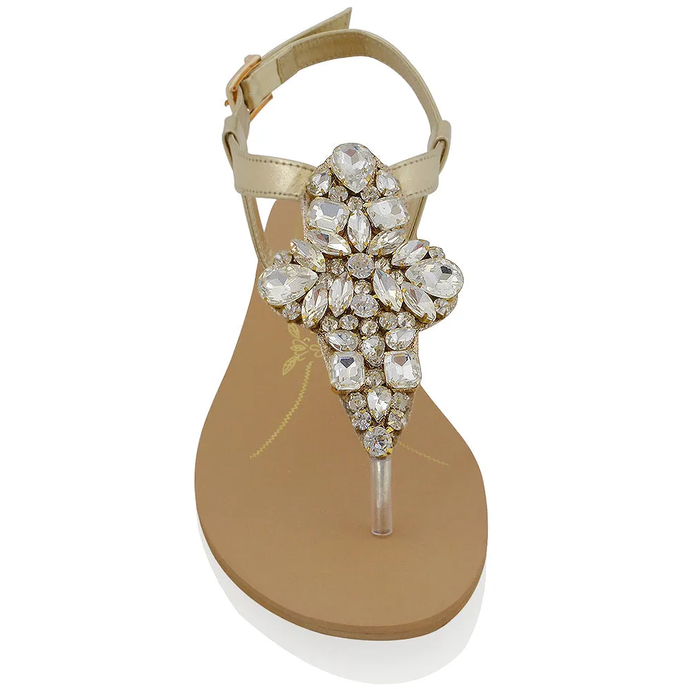 Coraline Ladies Toe Post T Bar Rhinestone Sparkly Diamante Flat Sandals in Gold