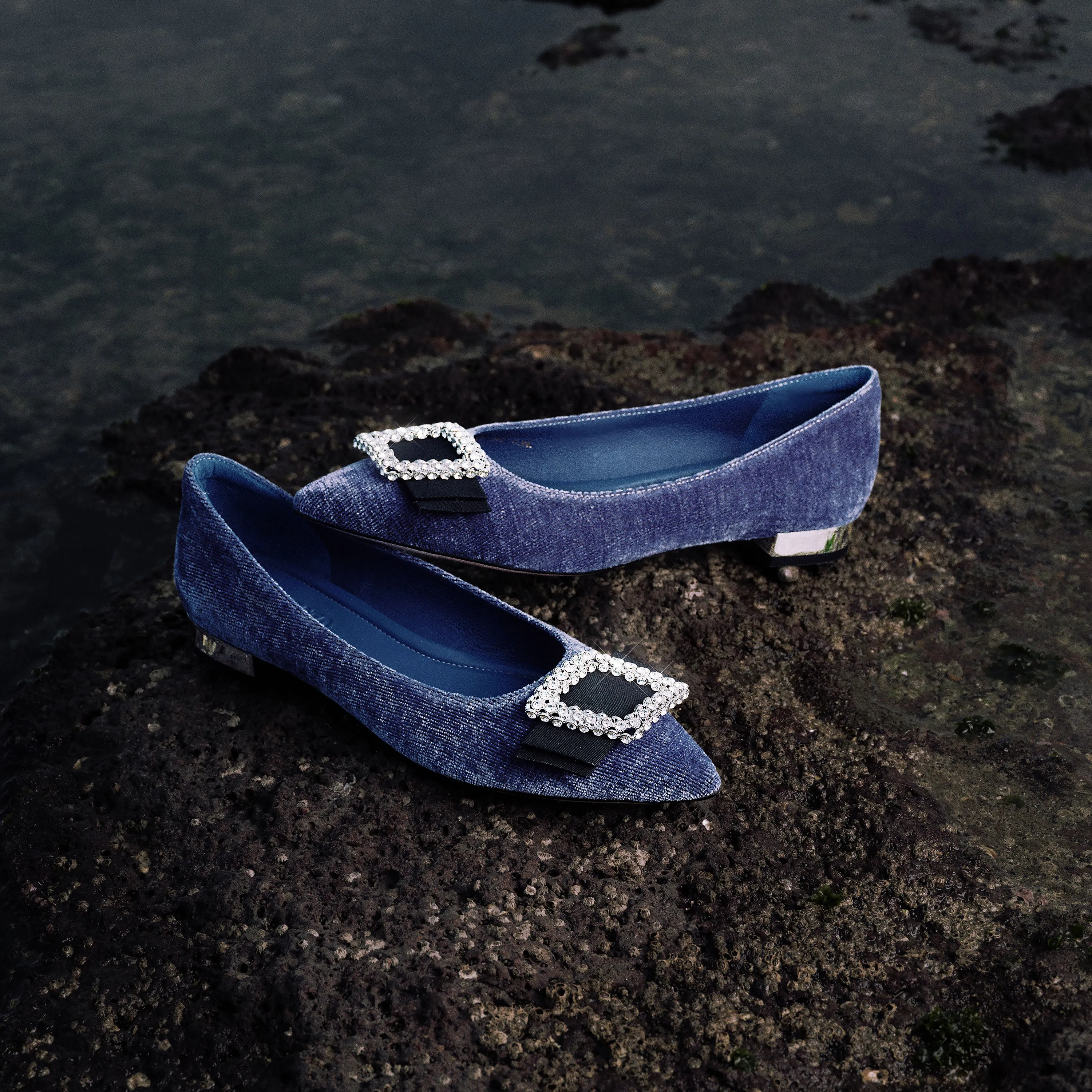 Corduroy Crystal Buckle Pointy Flats