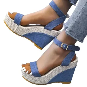 Denim Ankle Strap Wedge Sandals Summer Outdoor platform Sandals