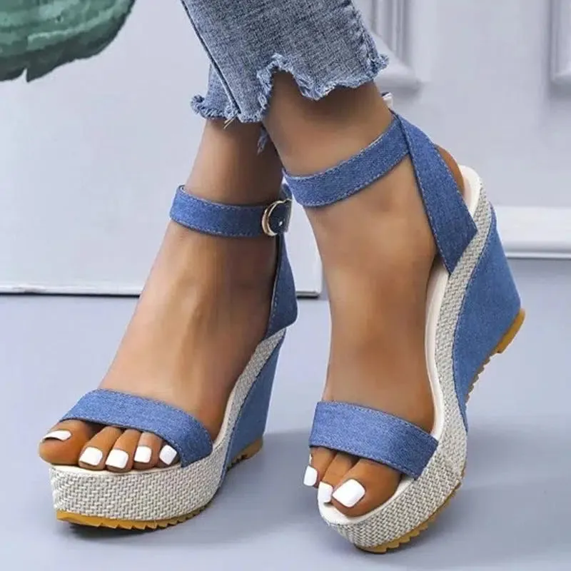 Denim Ankle Strap Wedge Sandals Summer Outdoor platform Sandals