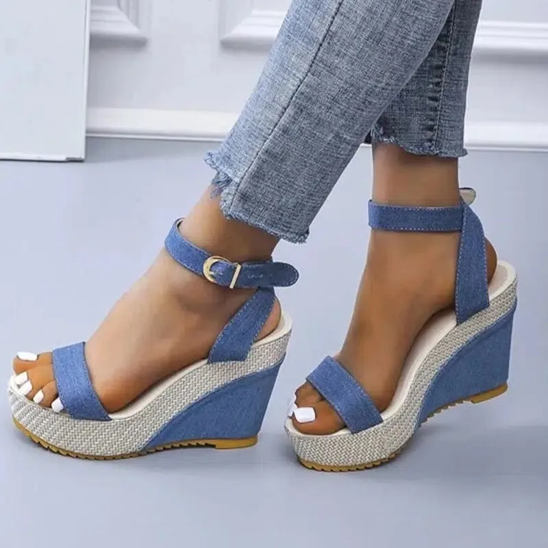 Denim Ankle Strap Wedge Sandals Summer Outdoor platform Sandals