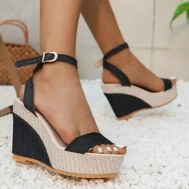Denim Ankle Strap Wedge Sandals Summer Outdoor platform Sandals