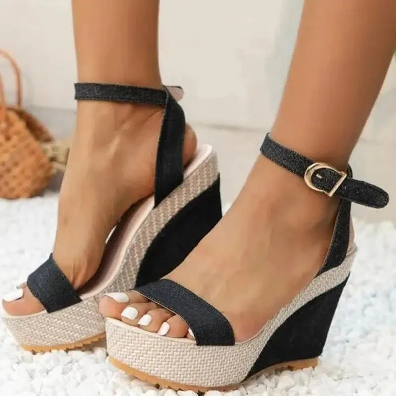 Denim Ankle Strap Wedge Sandals Summer Outdoor platform Sandals