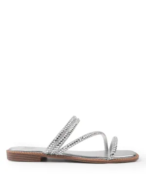 DREAM STRAPPY FLAT SLIDER SANDALS WITH DIAMANTE DETAIL IN SILVER FAUX LEATHER