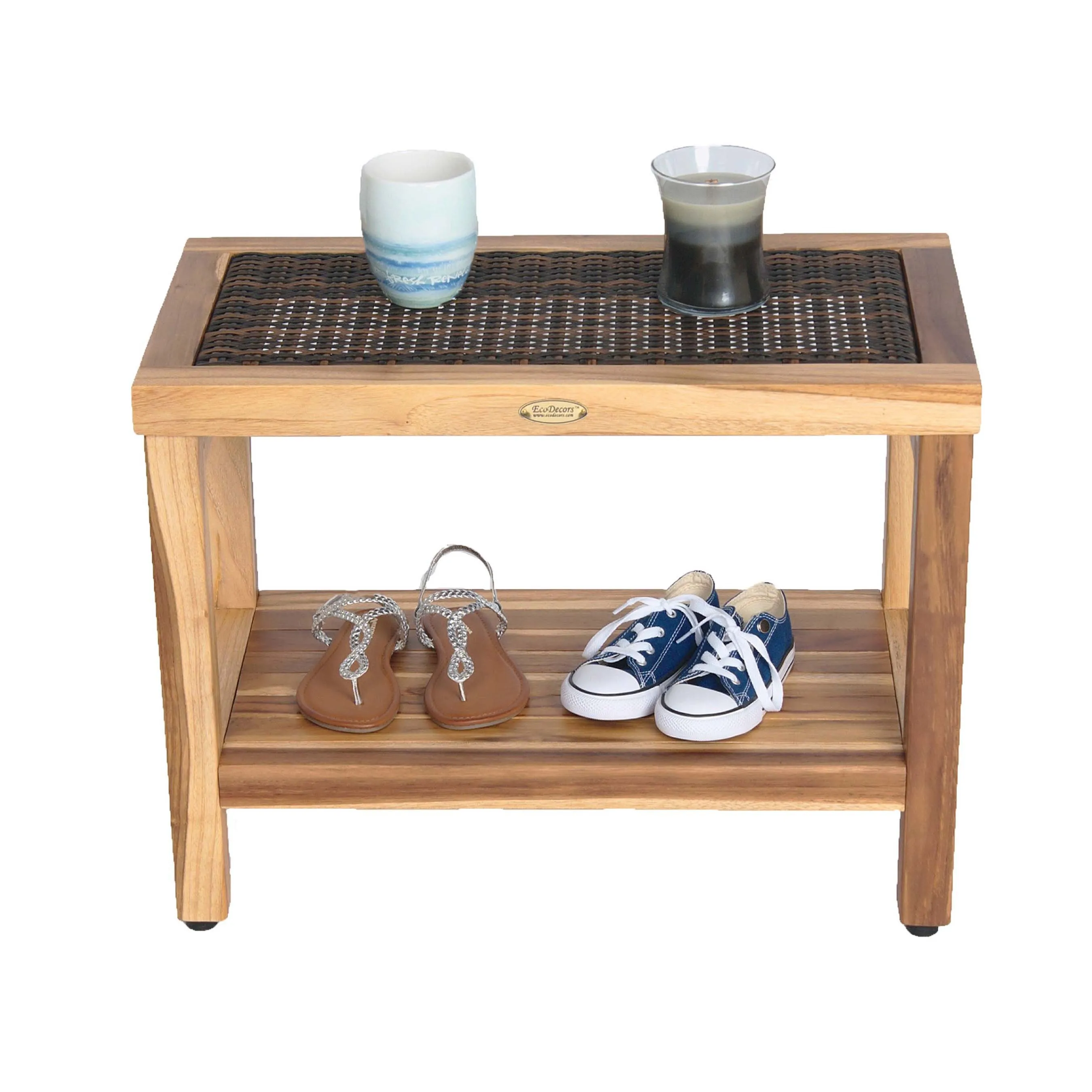 EcoDecor EarthyTeak Eleganto 24" Shower Stool with Viro Indoor or Outdoor Rattan Top and Shelf