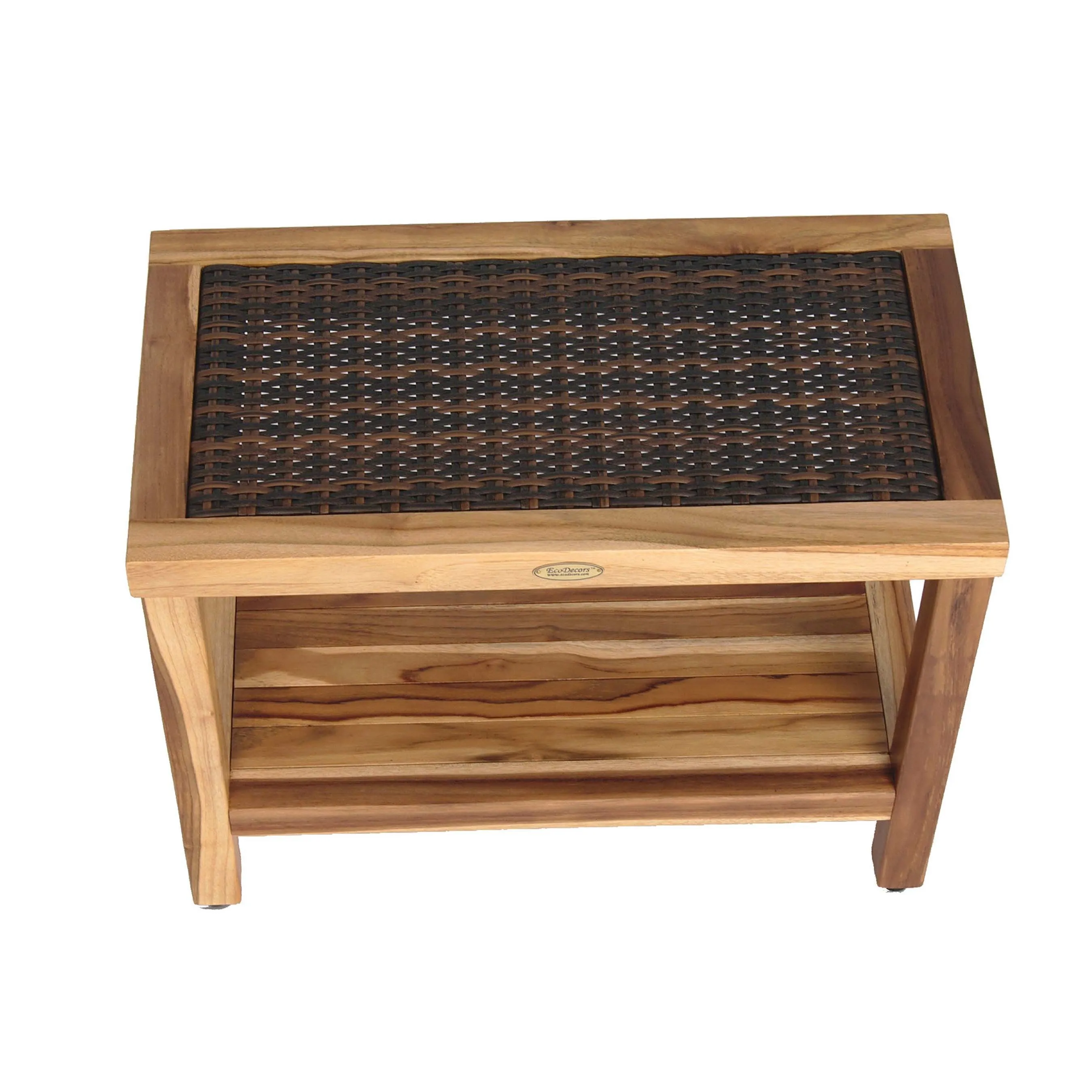 EcoDecor EarthyTeak Eleganto 24" Shower Stool with Viro Indoor or Outdoor Rattan Top and Shelf