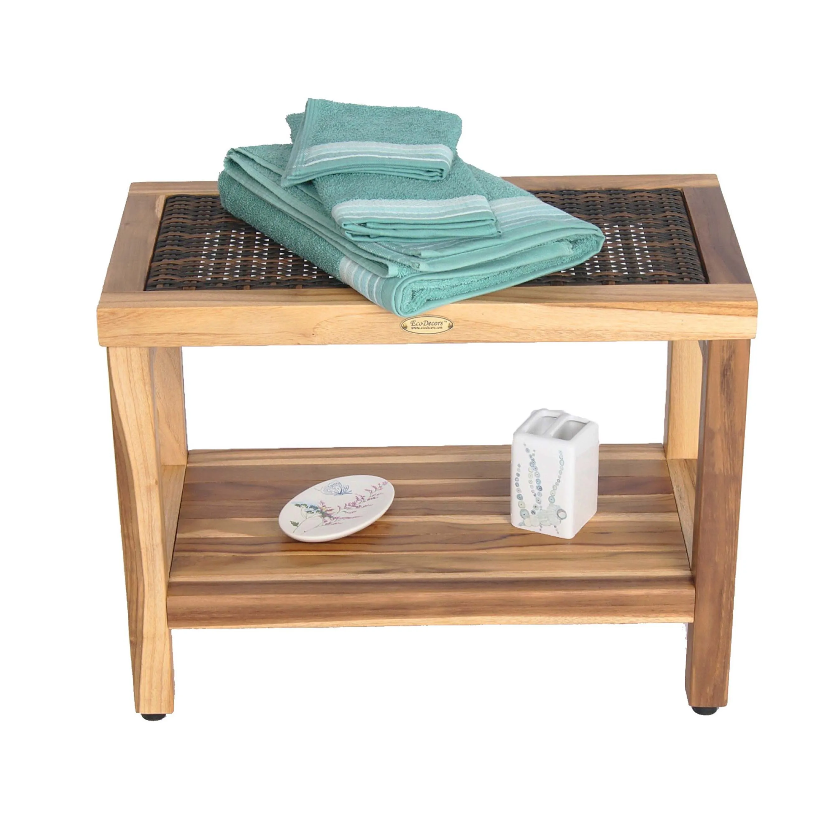 EcoDecor EarthyTeak Eleganto 24" Shower Stool with Viro Indoor or Outdoor Rattan Top and Shelf