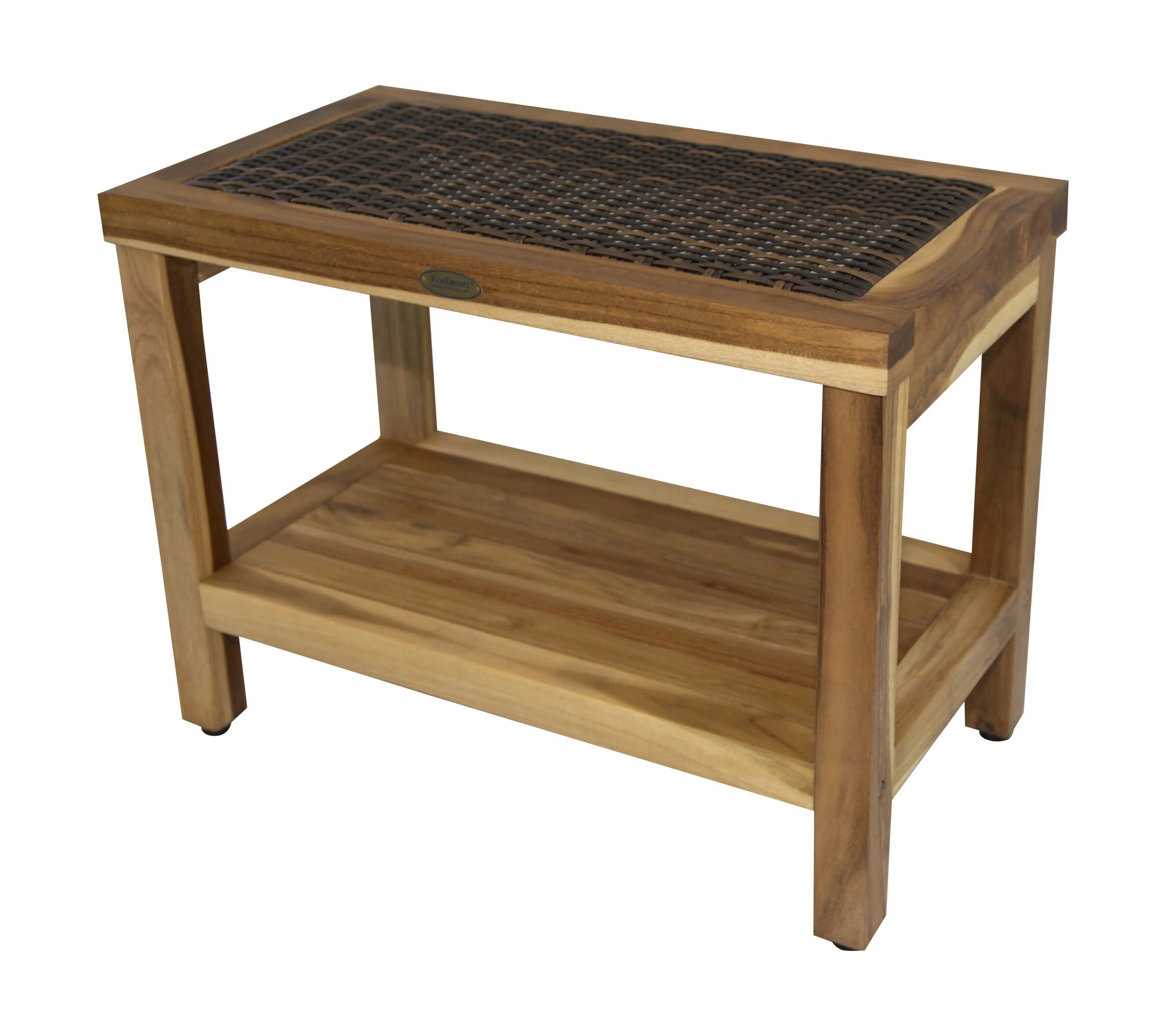 EcoDecor EarthyTeak Eleganto 24" Shower Stool with Viro Indoor or Outdoor Rattan Top and Shelf