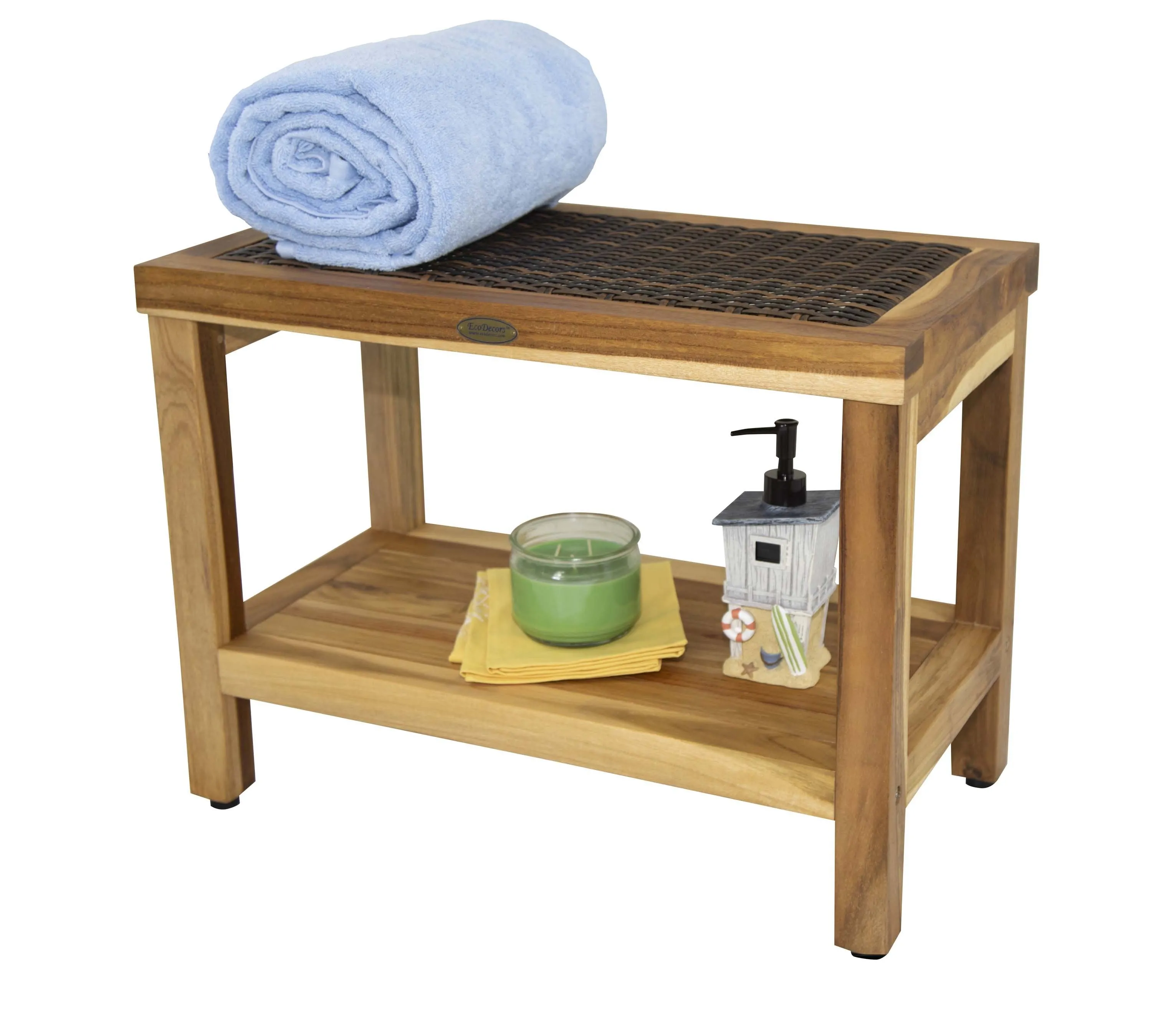 EcoDecor EarthyTeak Eleganto 24" Shower Stool with Viro Indoor or Outdoor Rattan Top and Shelf