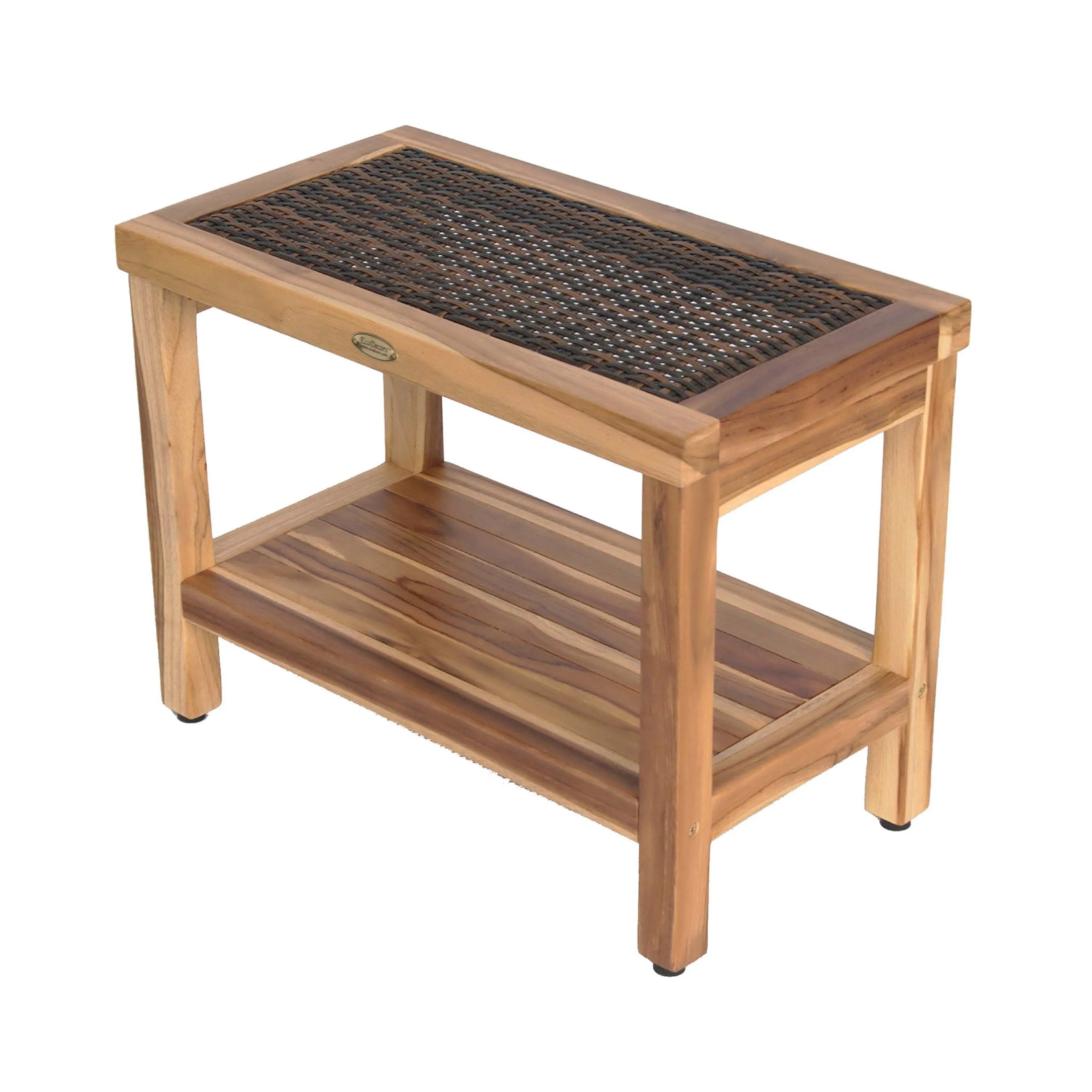 EcoDecor EarthyTeak Eleganto 24" Shower Stool with Viro Indoor or Outdoor Rattan Top and Shelf