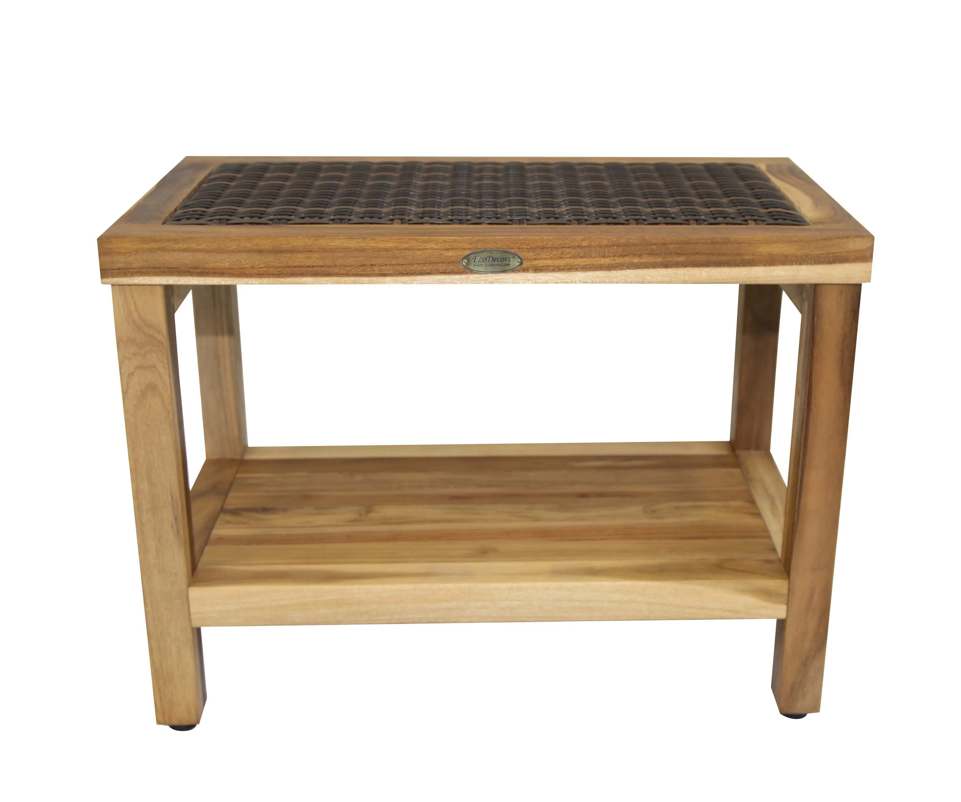 EcoDecor EarthyTeak Eleganto 24" Shower Stool with Viro Indoor or Outdoor Rattan Top and Shelf