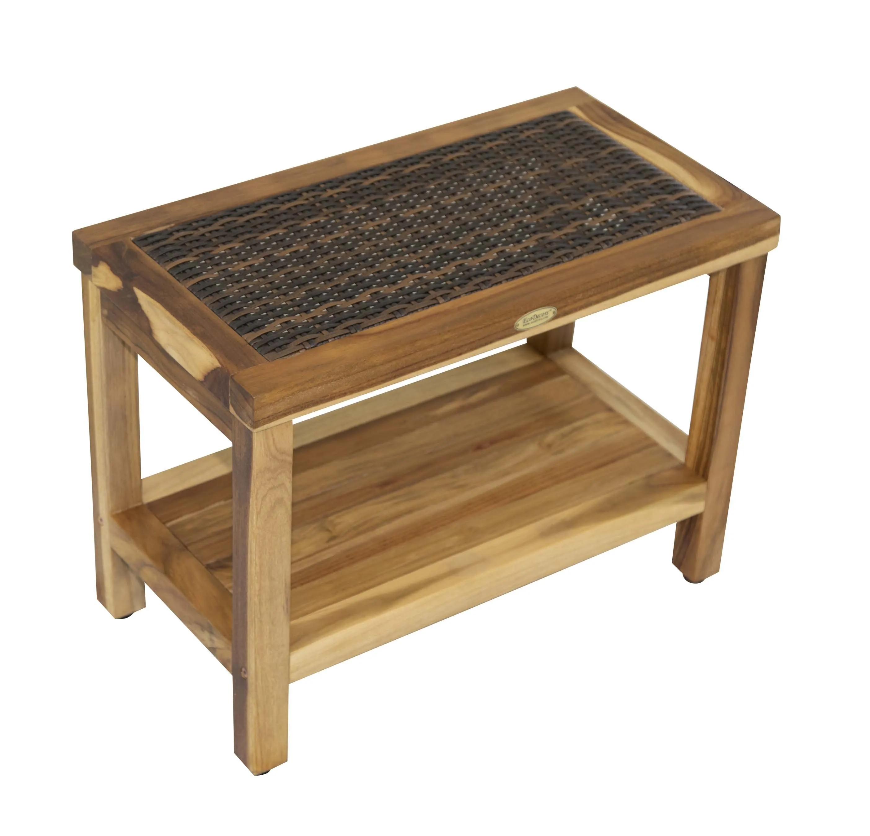 EcoDecor EarthyTeak Eleganto 24" Shower Stool with Viro Indoor or Outdoor Rattan Top and Shelf