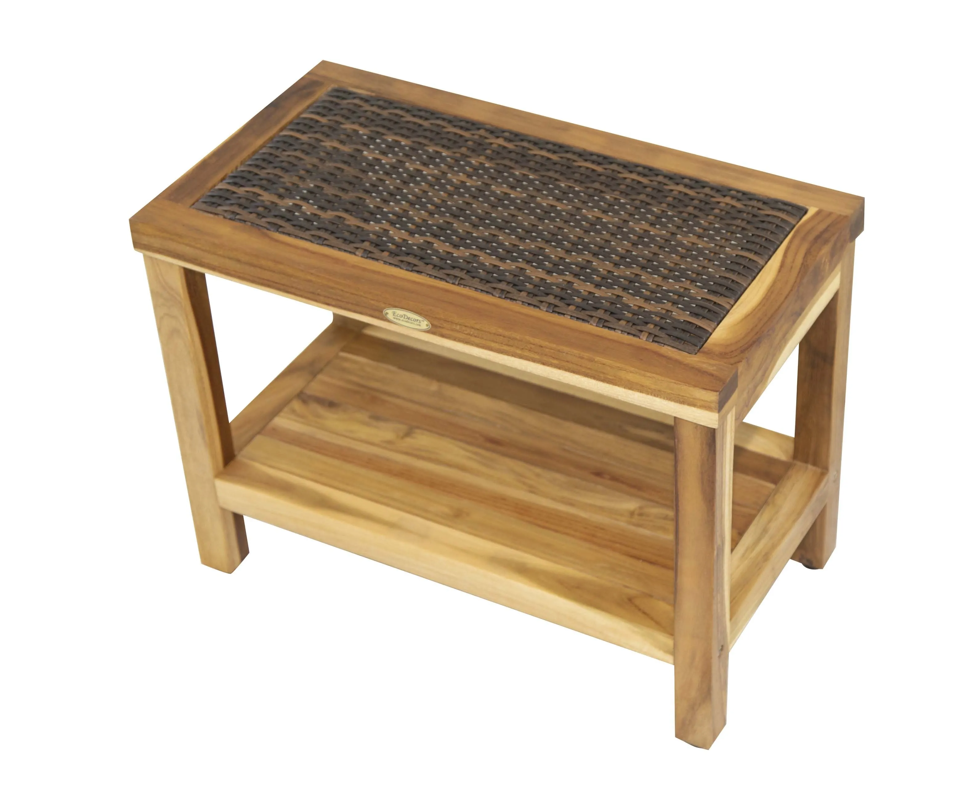EcoDecor EarthyTeak Eleganto 24" Shower Stool with Viro Indoor or Outdoor Rattan Top and Shelf