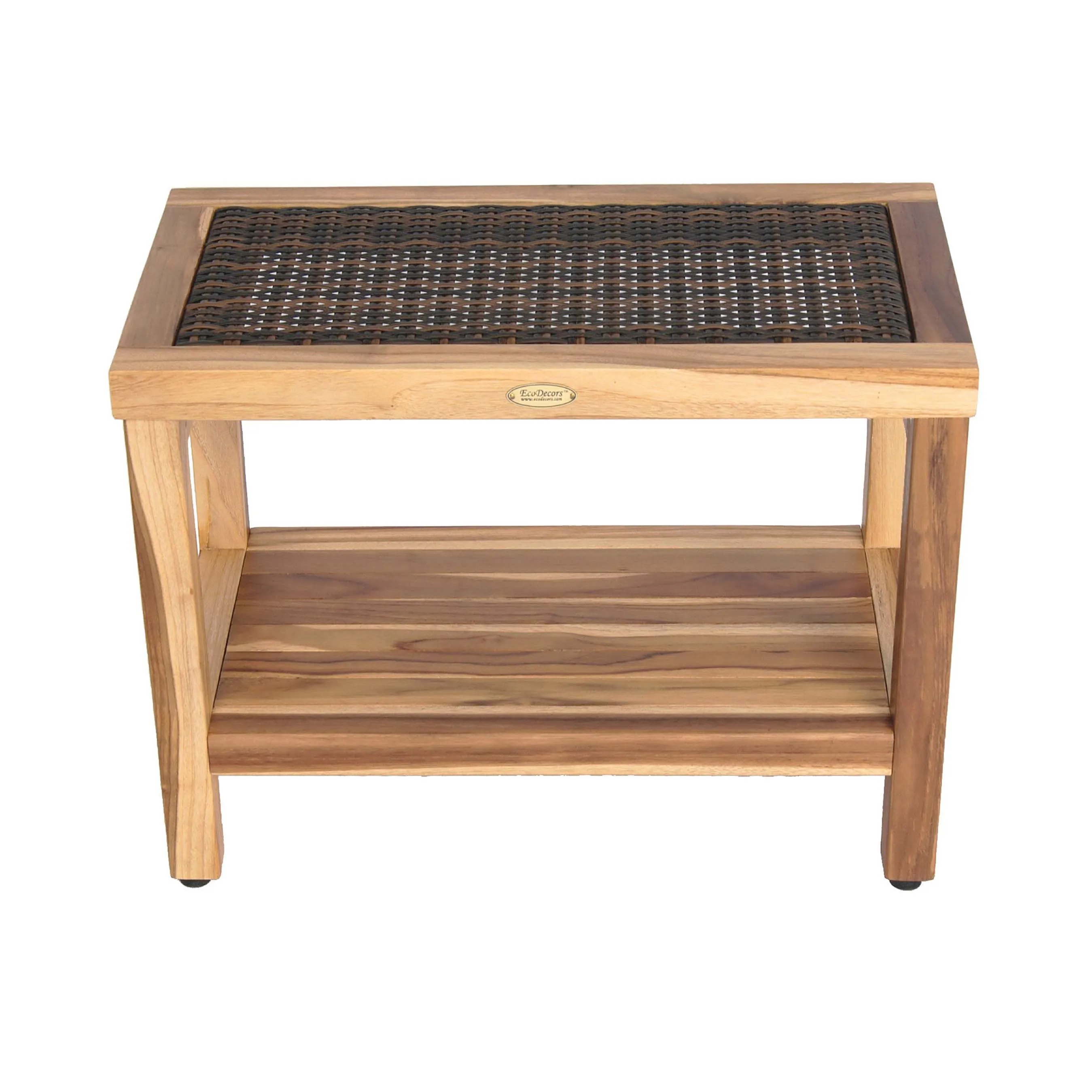 EcoDecor EarthyTeak Eleganto 24" Shower Stool with Viro Indoor or Outdoor Rattan Top and Shelf