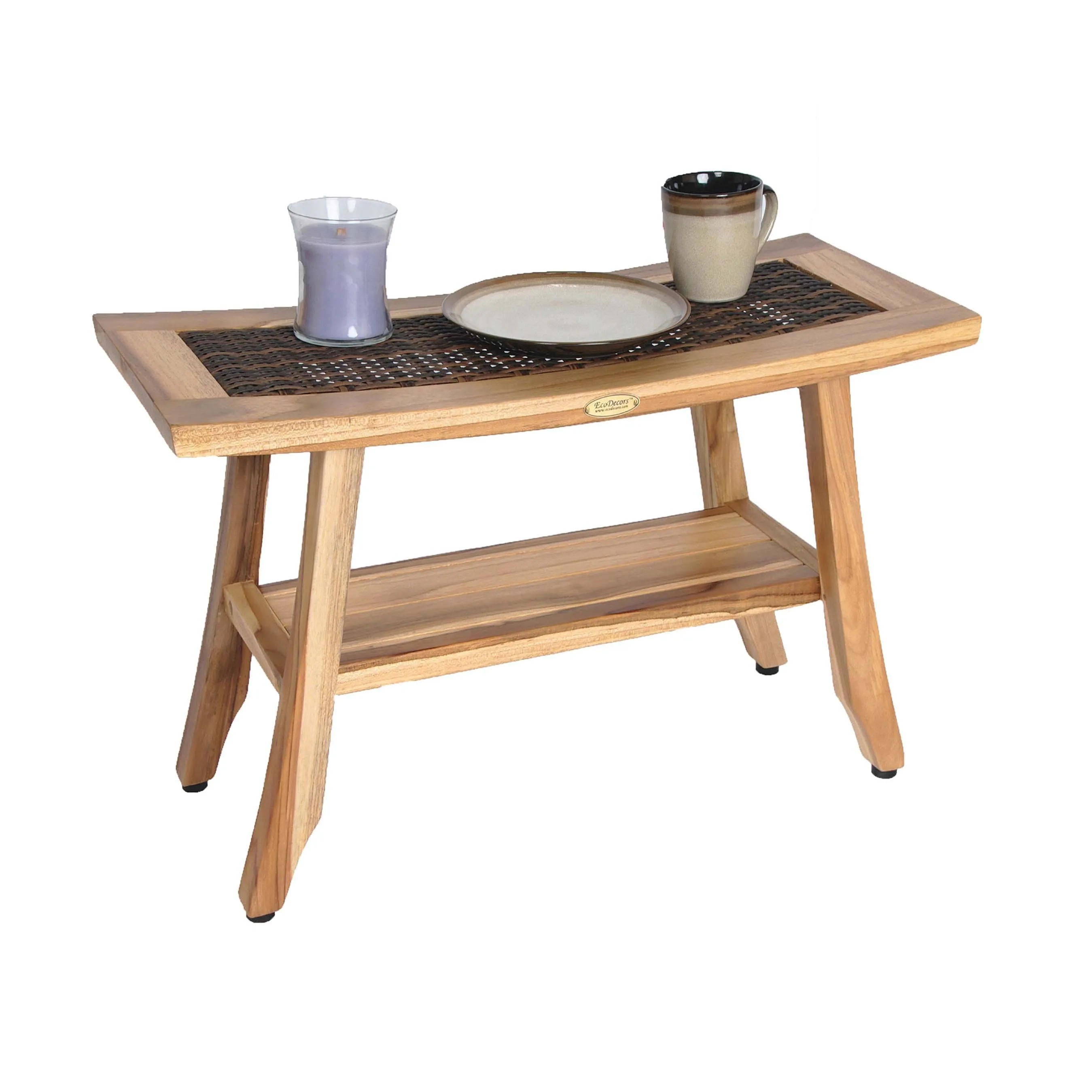 EcoDecor EarthyTeak Satori 24" Eastern Style Teak Shower Bench with Viro Indoor or Outdoor Rattan Top and shelf