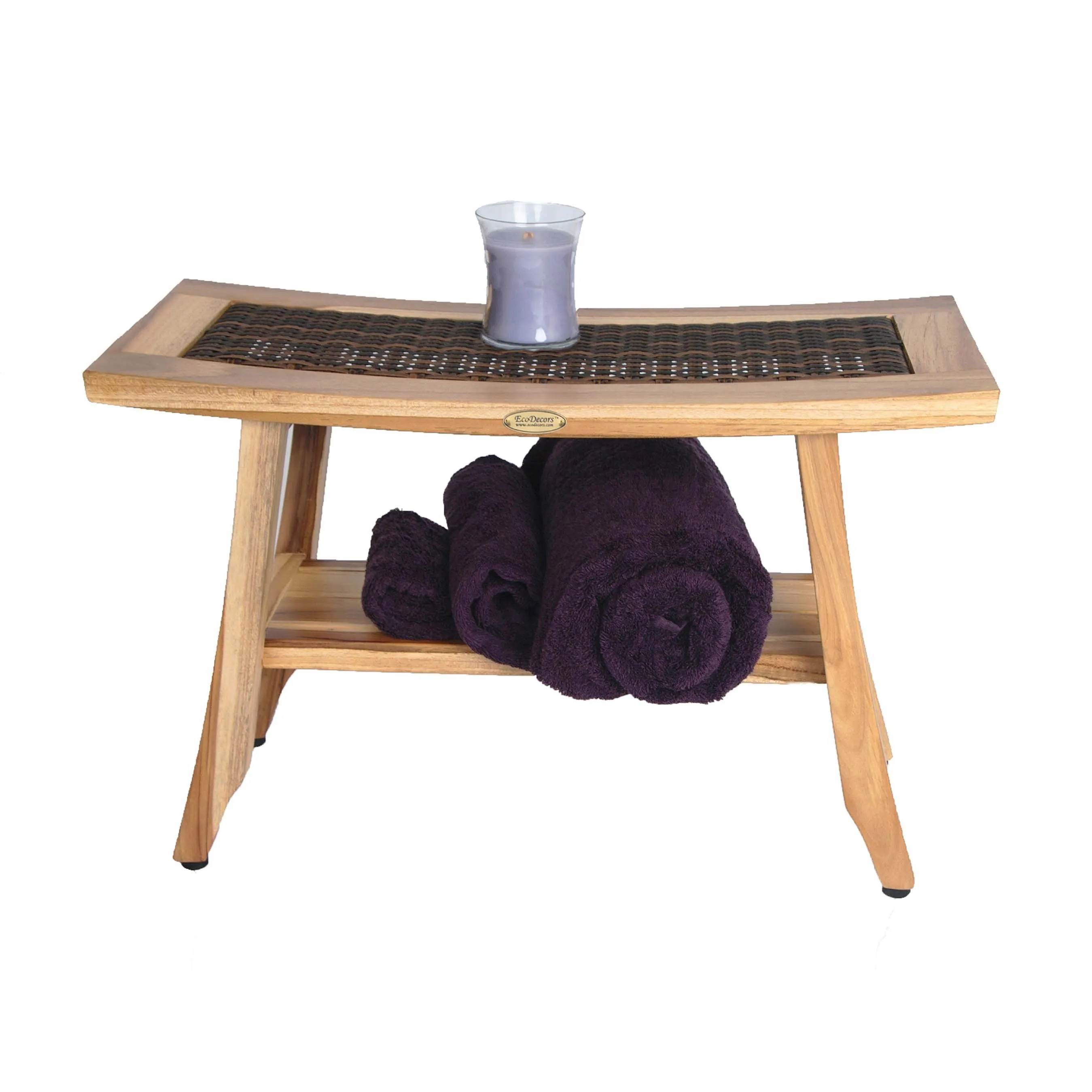 EcoDecor EarthyTeak Satori 24" Eastern Style Teak Shower Bench with Viro Indoor or Outdoor Rattan Top and shelf
