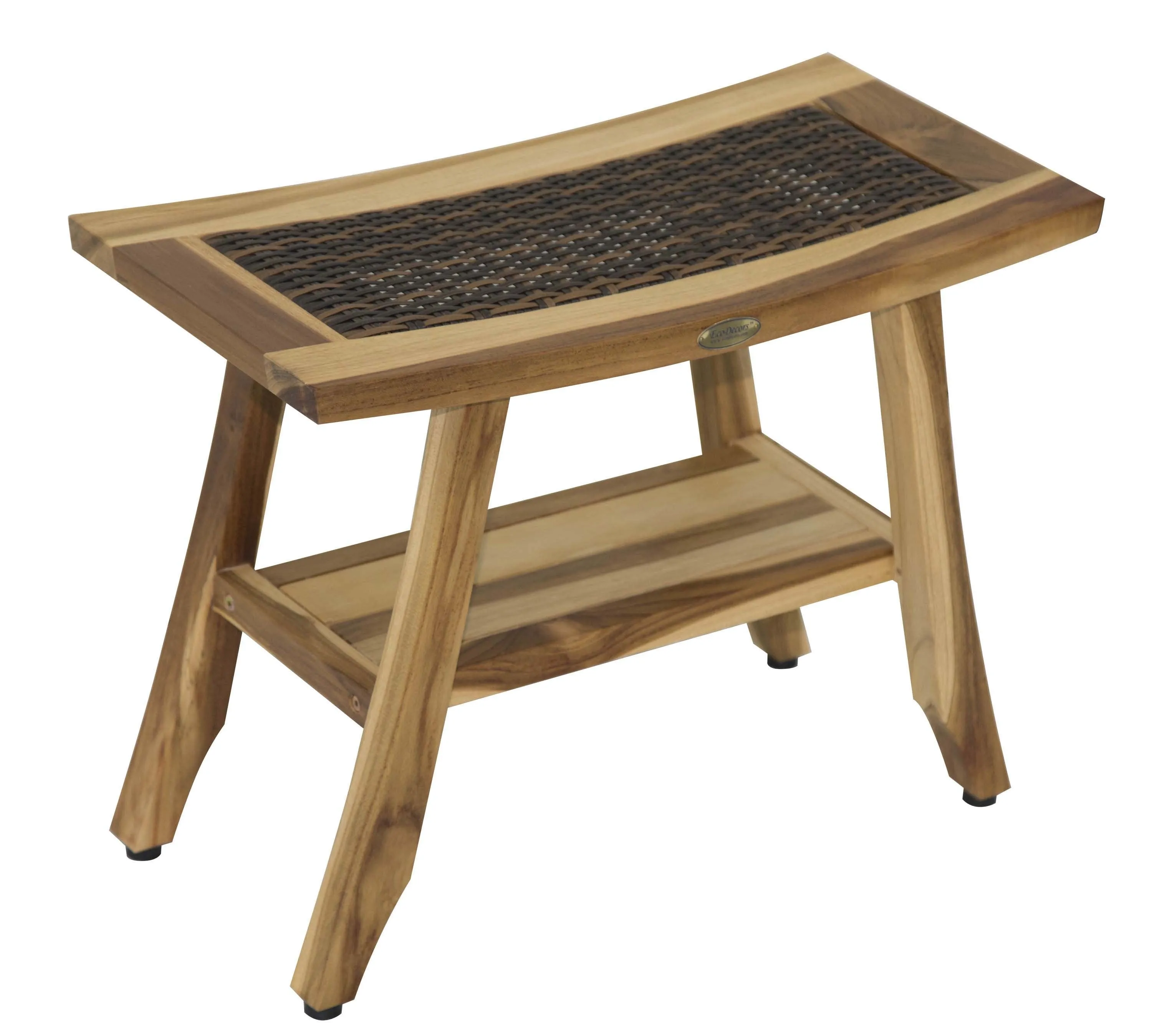 EcoDecor EarthyTeak Satori 24" Eastern Style Teak Shower Bench with Viro Indoor or Outdoor Rattan Top and shelf