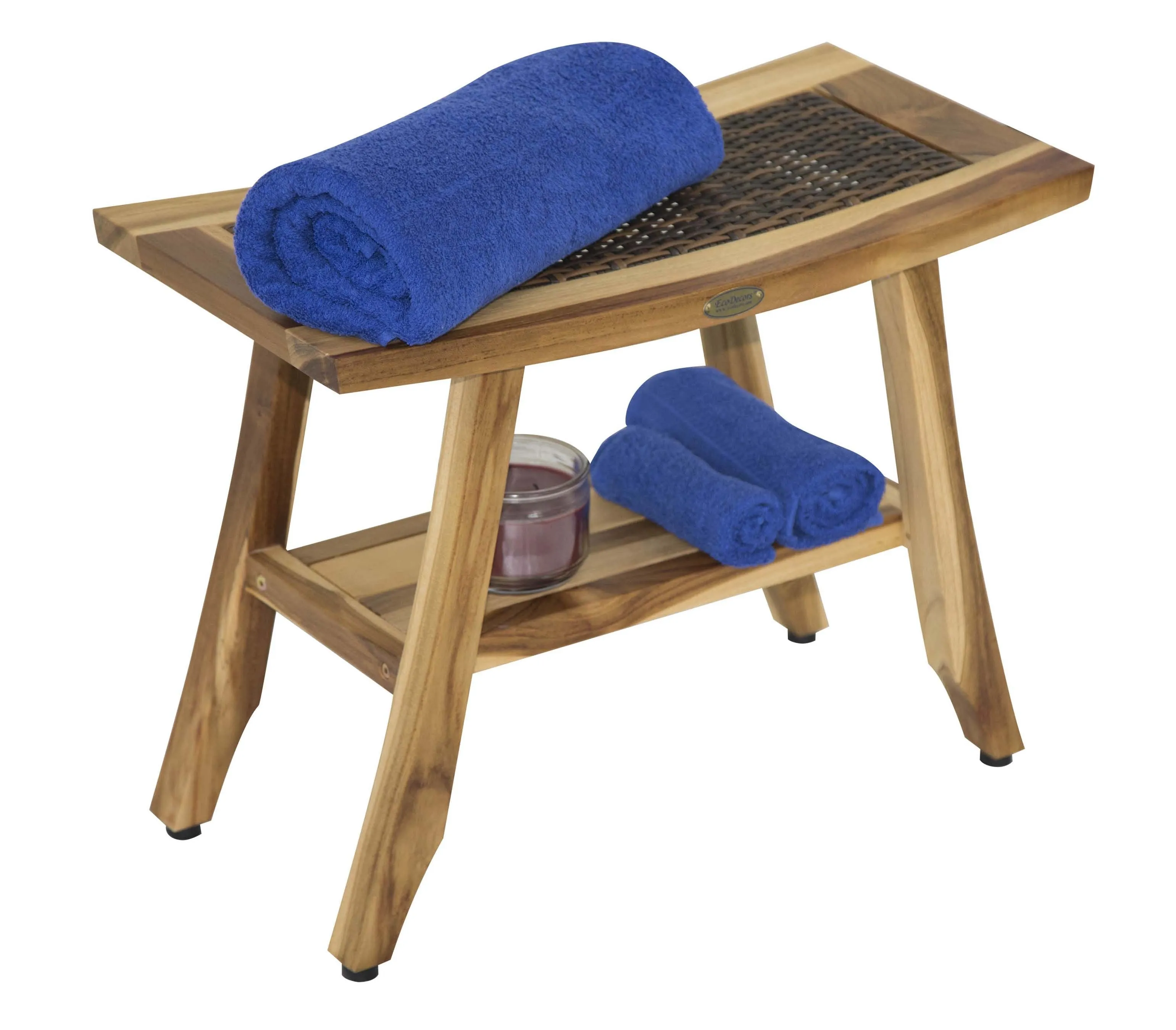 EcoDecor EarthyTeak Satori 24" Eastern Style Teak Shower Bench with Viro Indoor or Outdoor Rattan Top and shelf