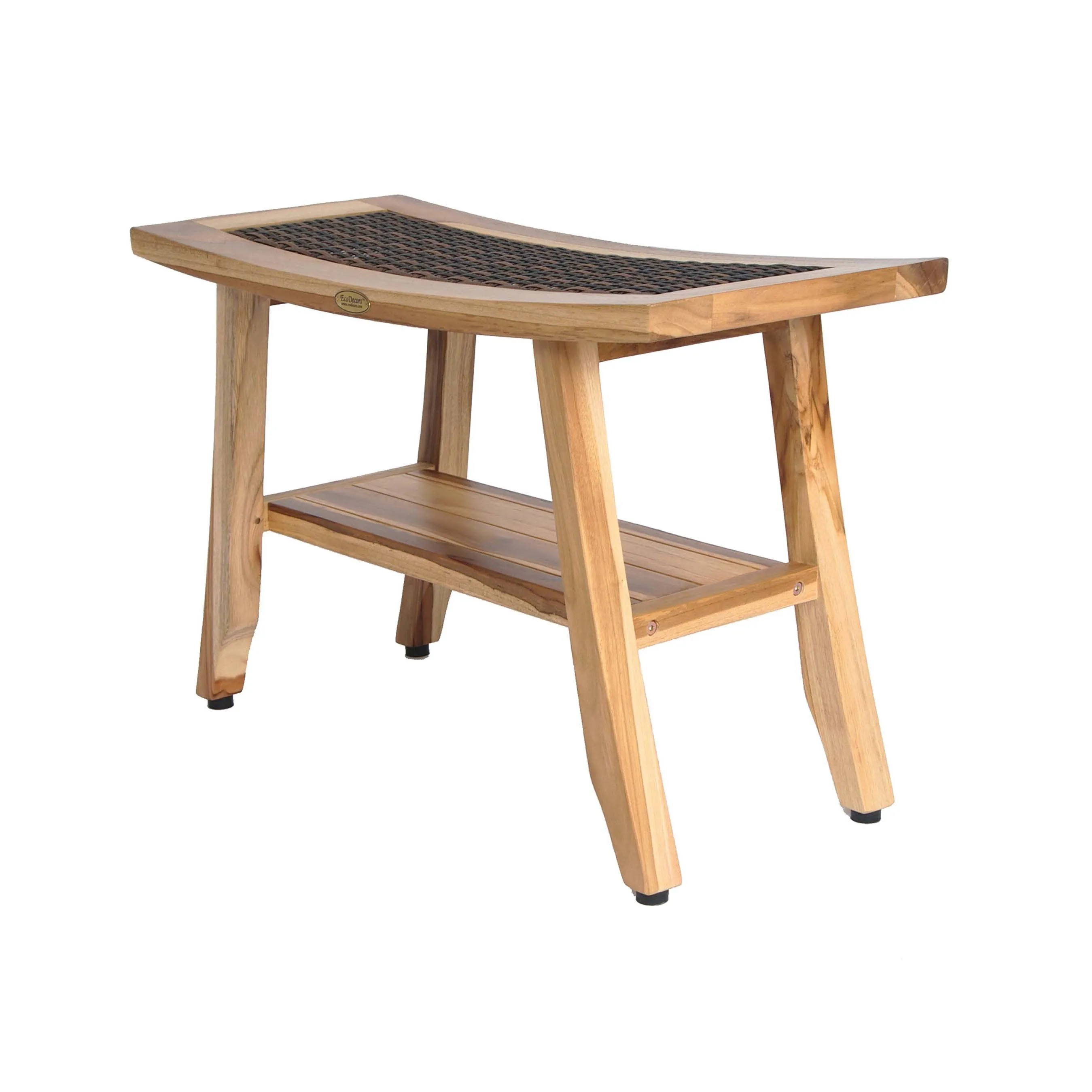 EcoDecor EarthyTeak Satori 24" Eastern Style Teak Shower Bench with Viro Indoor or Outdoor Rattan Top and shelf