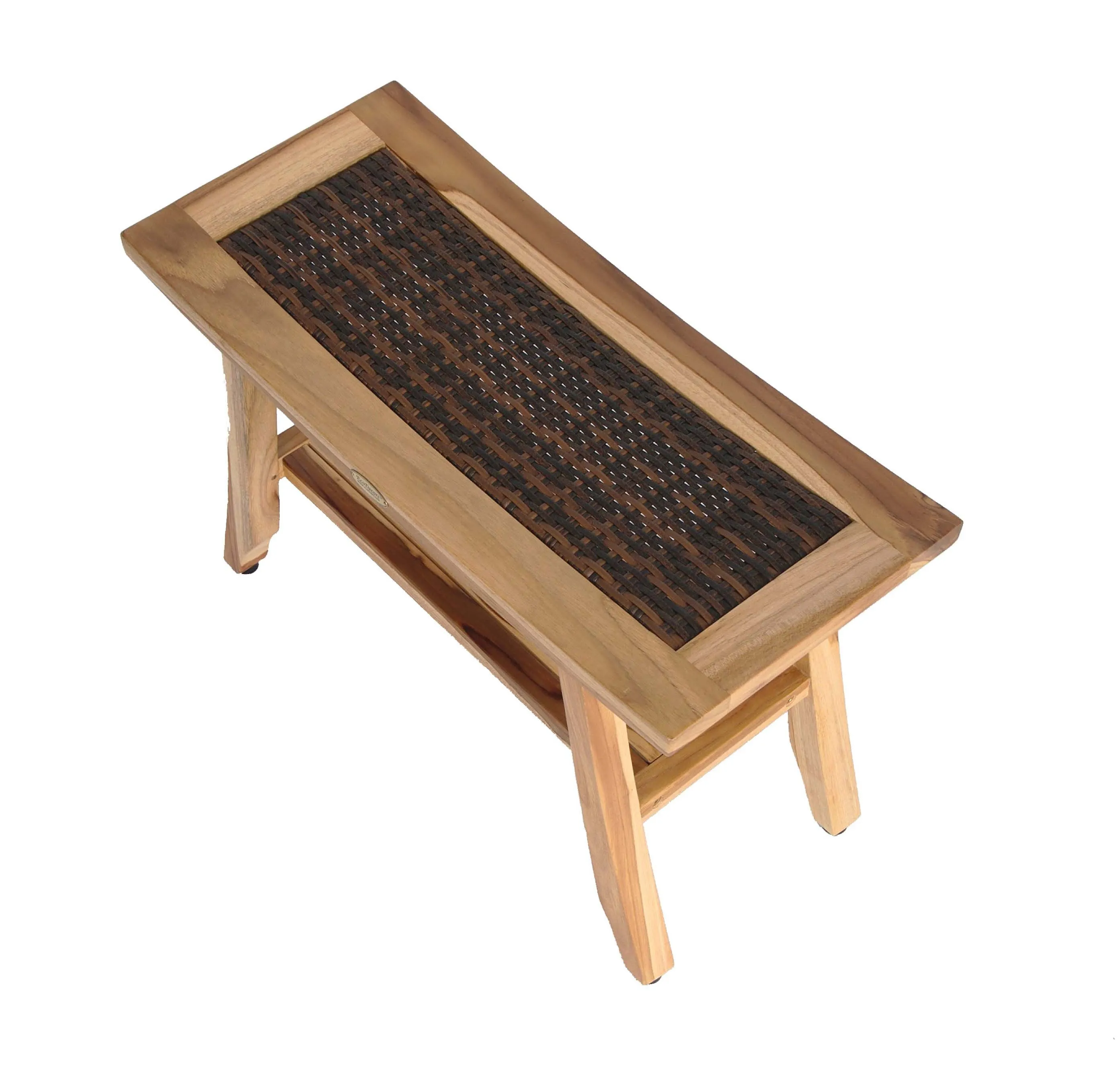 EcoDecor EarthyTeak Satori 24" Eastern Style Teak Shower Bench with Viro Indoor or Outdoor Rattan Top and shelf