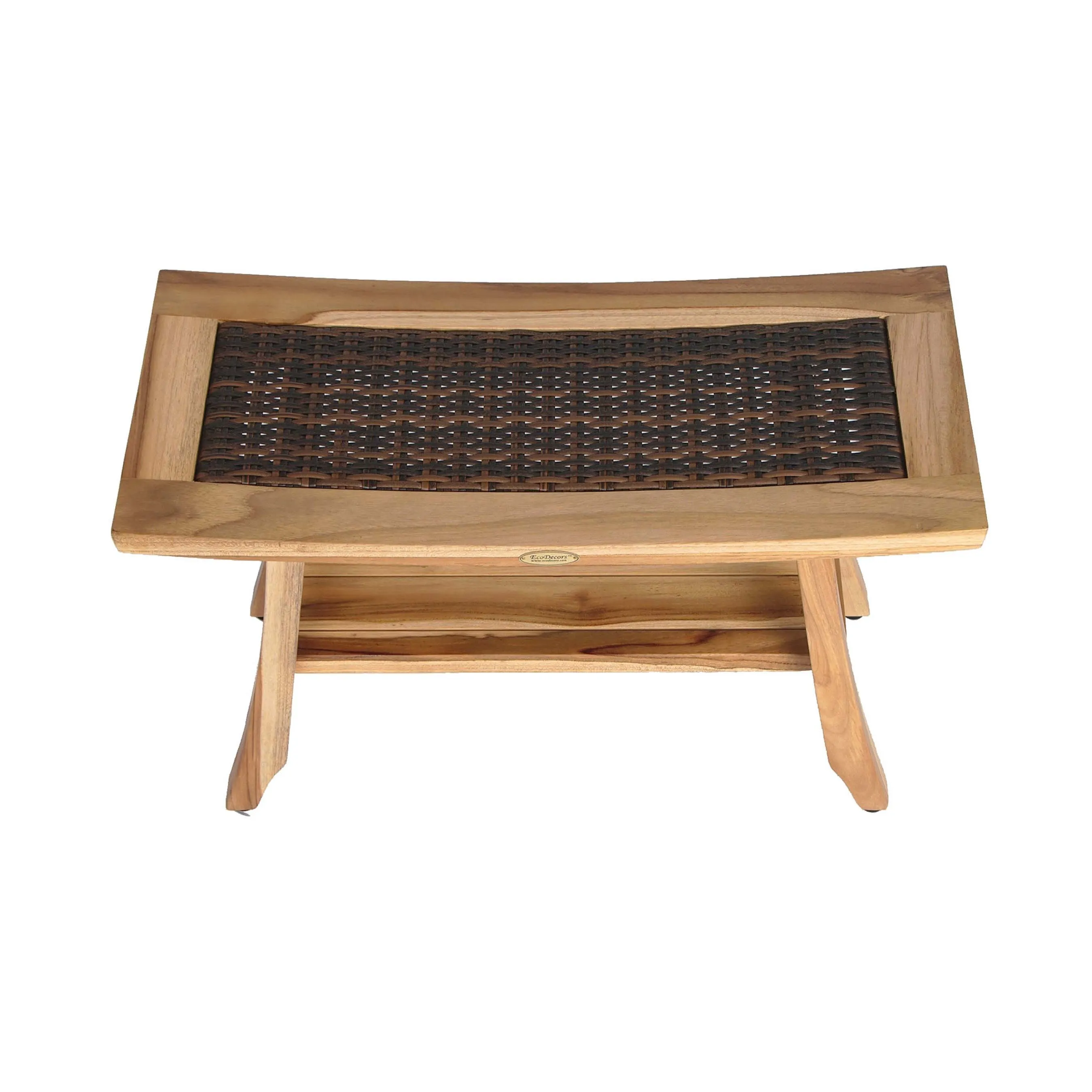 EcoDecor EarthyTeak Satori 24" Eastern Style Teak Shower Bench with Viro Indoor or Outdoor Rattan Top and shelf