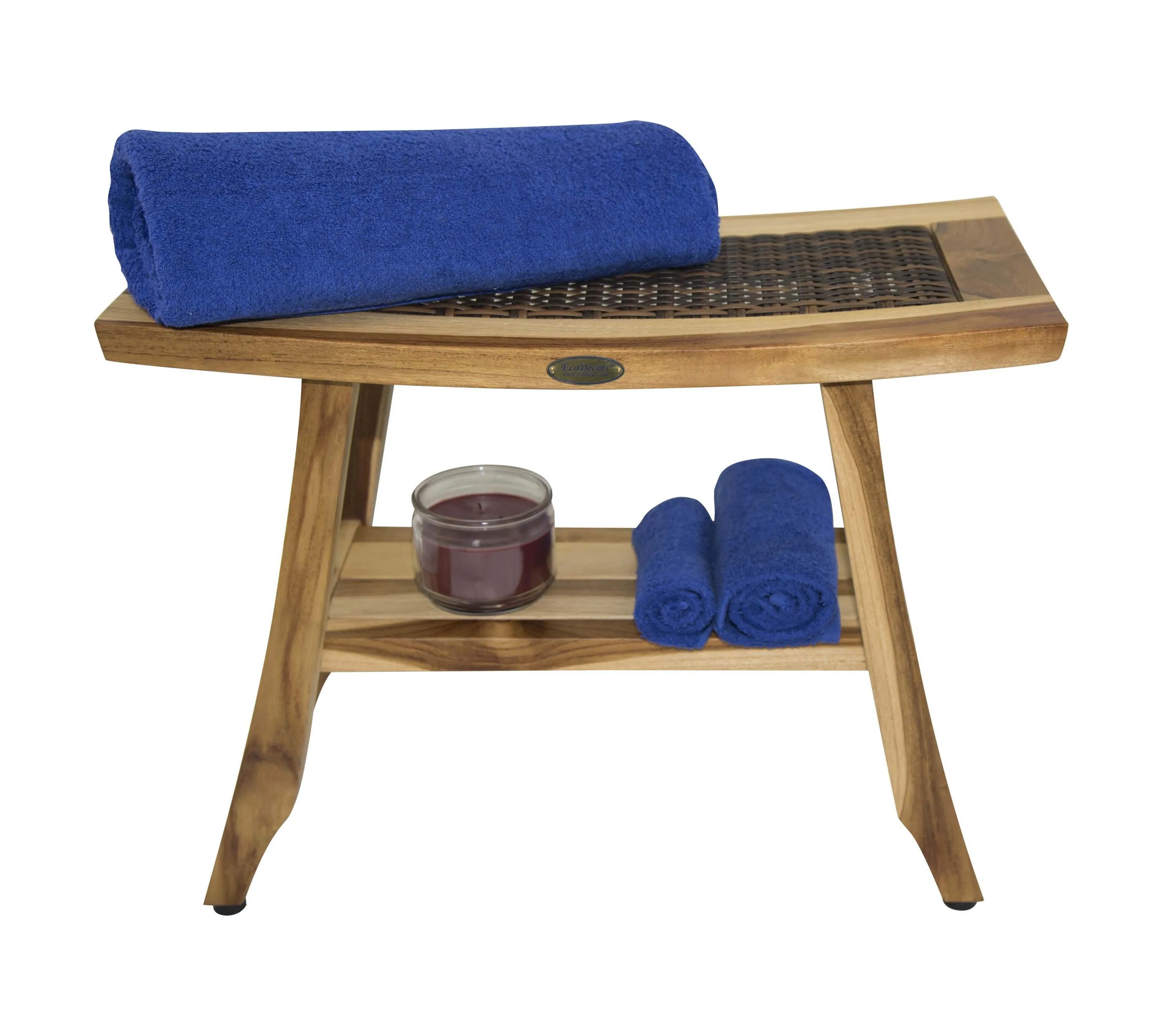 EcoDecor EarthyTeak Satori 24" Eastern Style Teak Shower Bench with Viro Indoor or Outdoor Rattan Top and shelf