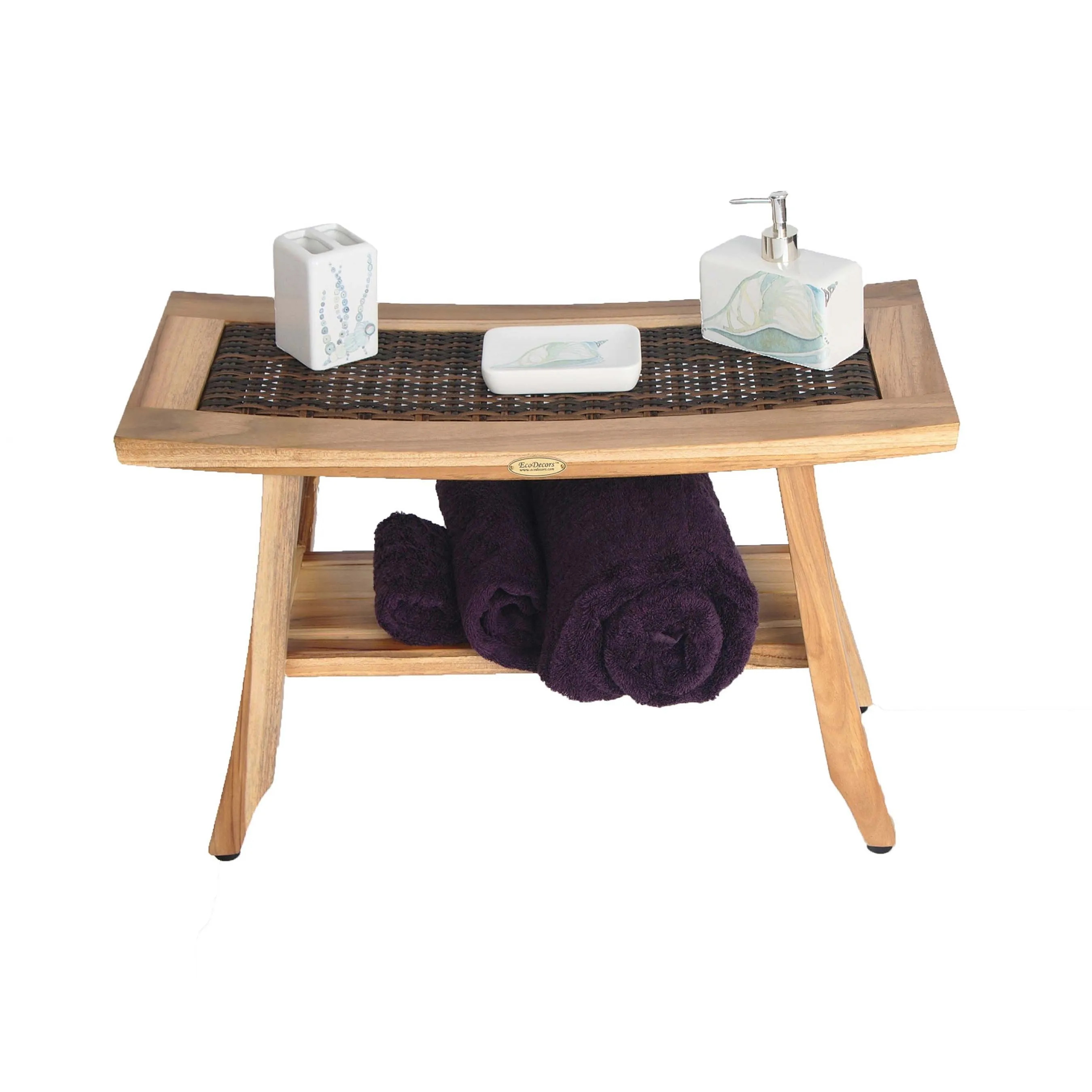 EcoDecor EarthyTeak Satori 24" Eastern Style Teak Shower Bench with Viro Indoor or Outdoor Rattan Top and shelf