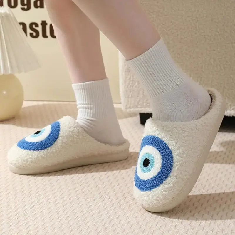 Evil Eye Plush Slippers for Women Men Kids, Indoor Outdoor Soft House Shoes