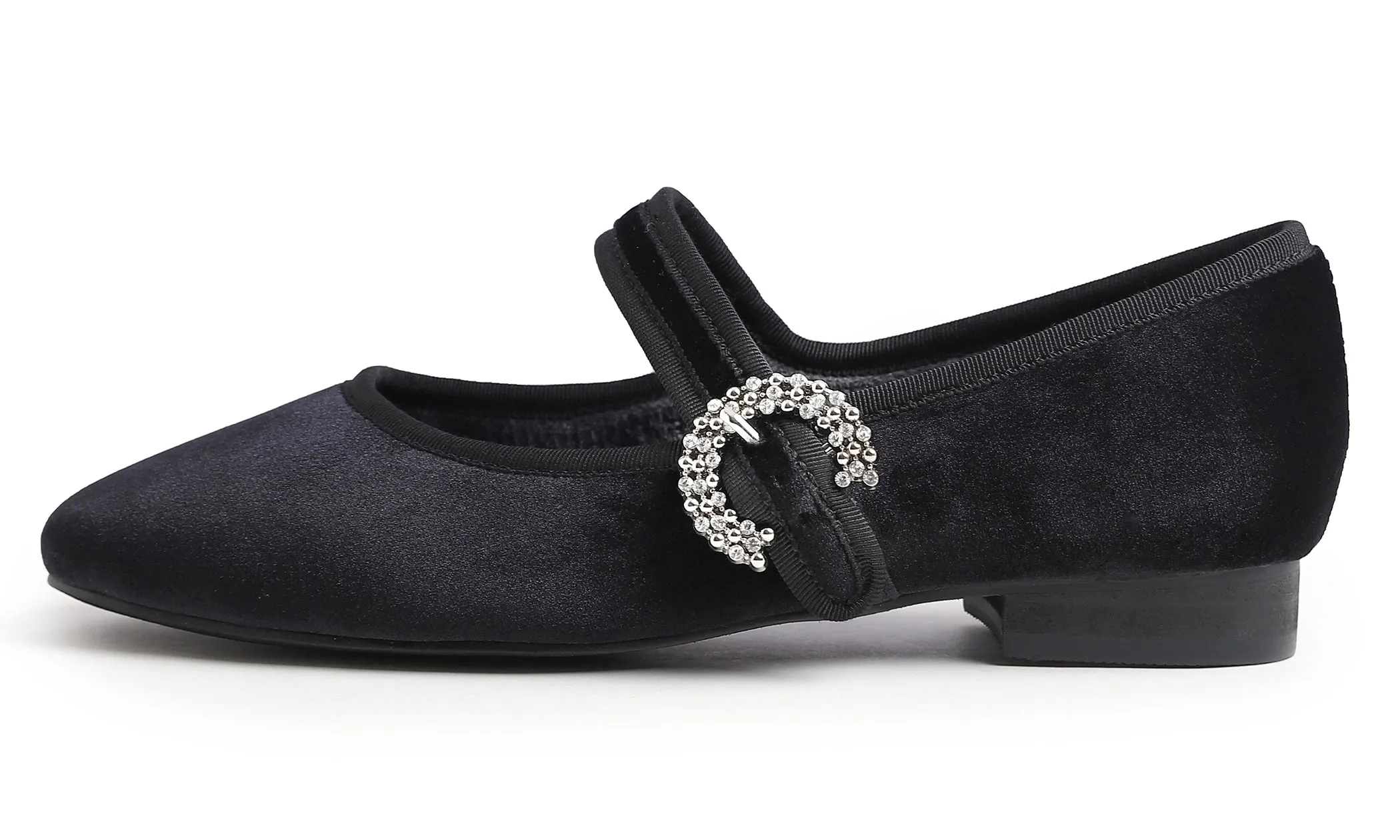 Feversole Women's Mary Jane Fashion Square Toe Easy Buckle Low Heel Slip On Flats Velvet Fur Lined Rhinestone