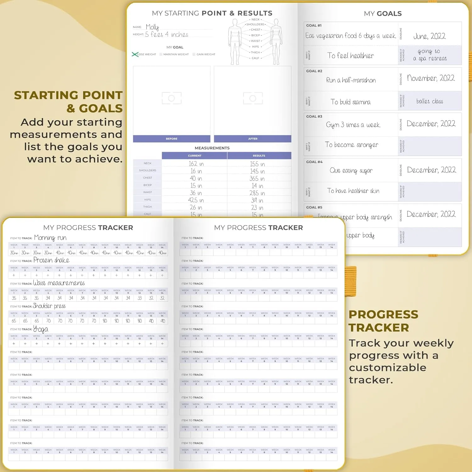 Fitness & Food Journal – Nutrition & Workout Planner for Women & Men – Diet & Gym Exercise Log Book with Calendars, Diet & Training Trackers - Undated, A5, Hardcover (Amber Yellow)