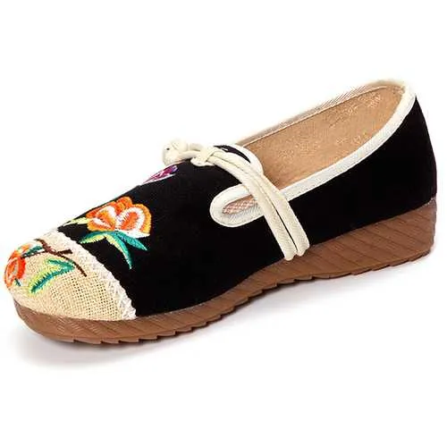 Flower Chinese Embroidered Casual Round Toe Buckle Flat Shoes
