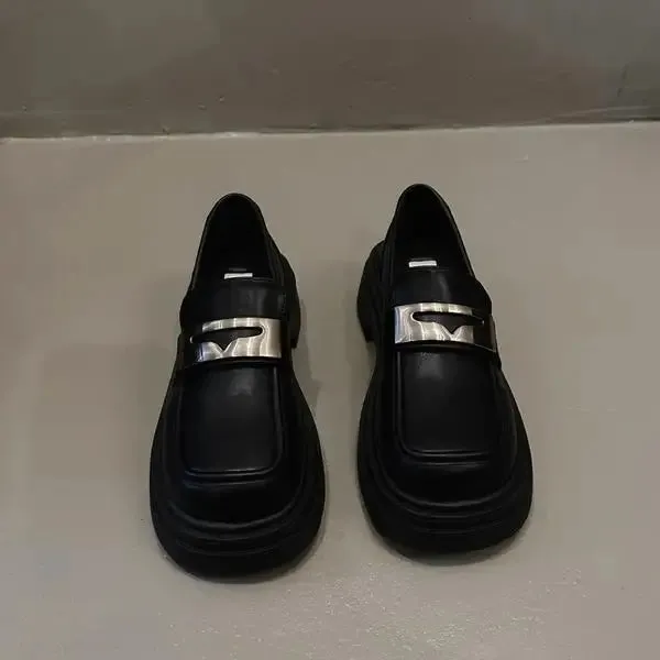 Fur Round Toe British Style Black Platform Casual Leather Sneaker Loafers